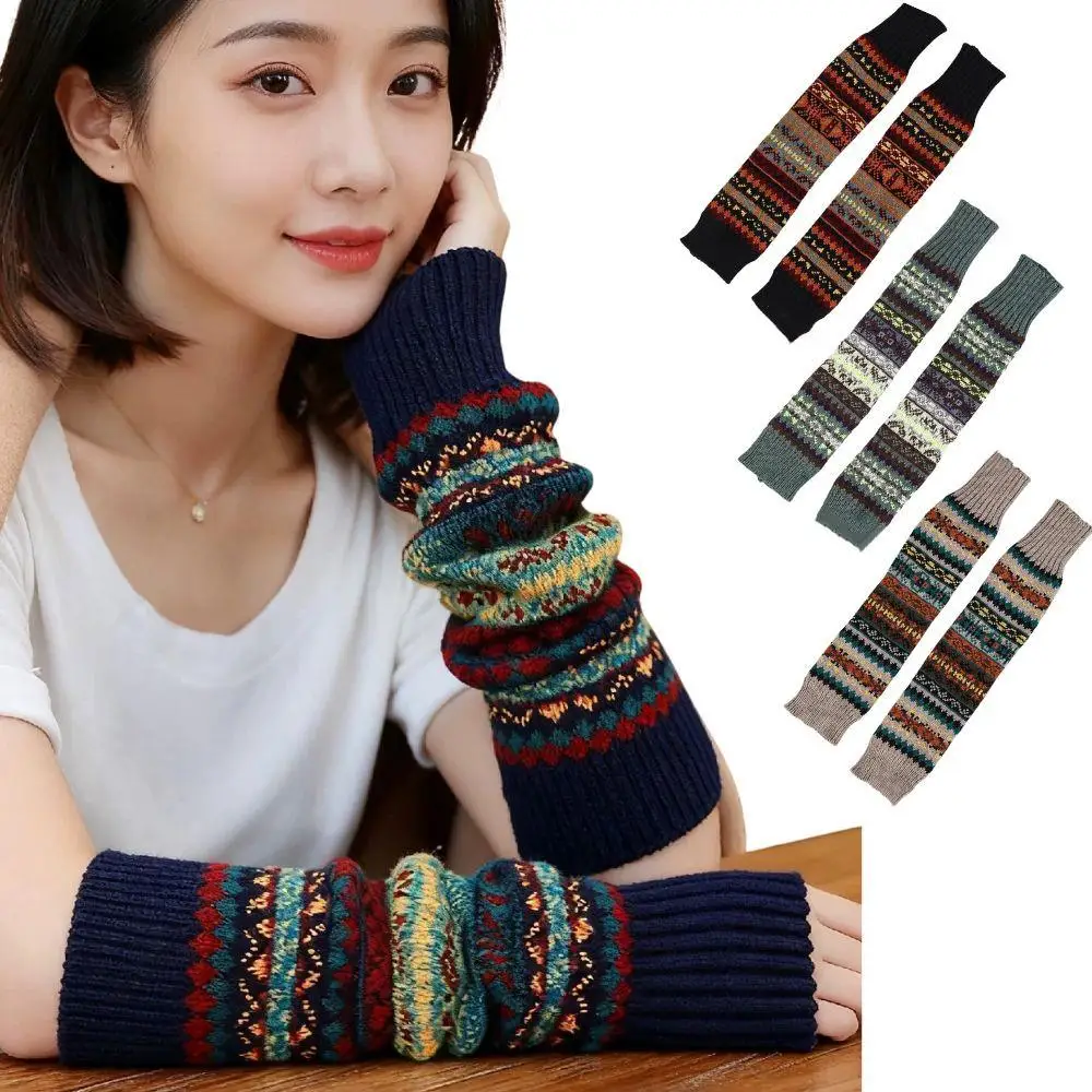 Christmas Warm Arm Warmer Retro Bohemian Women Long Fingerless Gloves Winter Crochet Wool Warm Arm Sleeves Driving Mittens Gifts