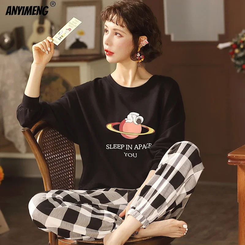 

Женский хлопковый пижамный комплект, осенне-зимняя модная женская одежда для сна, длинные брюки с длинным рукавом, пижама с круглым вырезом, одежда для сна, пижама для девочек