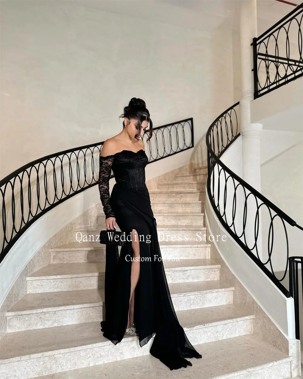 Qanz Customized Black Formal Evening Dresses Women Plus Size Full Sleeves Lace High Slit Prom Dress Mermaid Party Long Dress