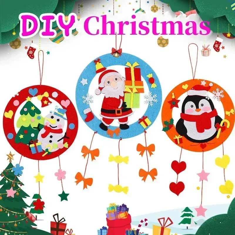 DIY Christmas Wind Chime Craft Kits Toy for Kids Handmade Christmas Wreath Children Toys Cartoon Windbell Hangings Stickers Gift