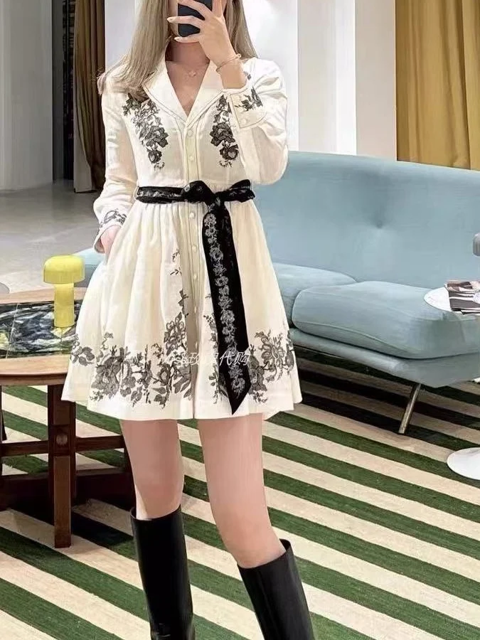 

Z Home Luxury High-End Long Sve Print Collar Belted Waist ort Dr Single Button Holiday New Sle Ele Aosphere D...