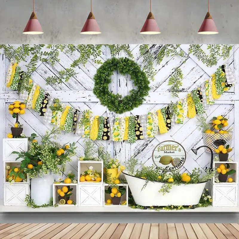 Fresh Lemons Backdrop for Photography Farmer's Market Shop Background Colorful Ribbon Wood Wall Child Birthday Party Decoration