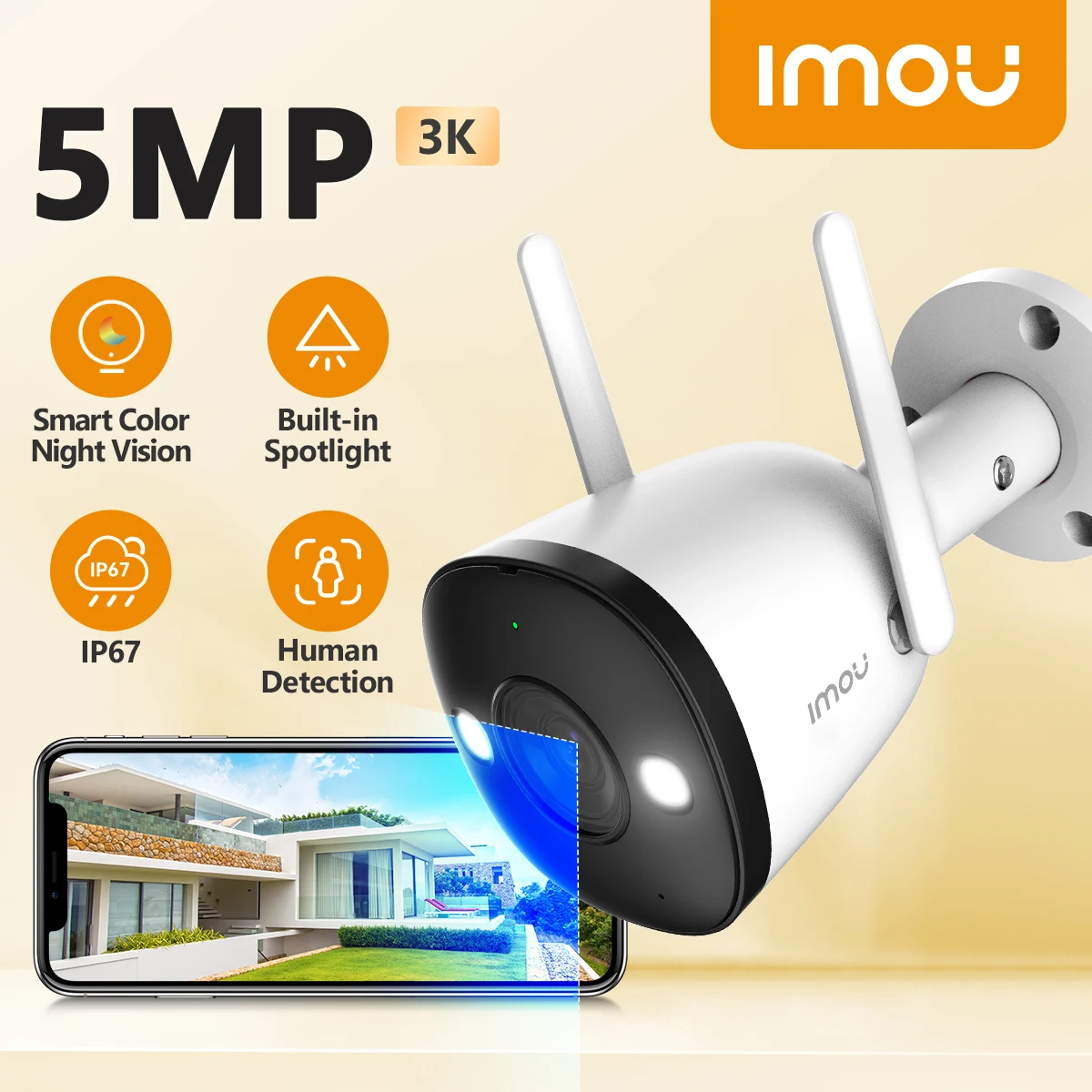 IMOU-Caméra Bullet 2E 5MP pour l'extérieur, 3 pièces, vision nocturne, 30m, vidéosurveillance, fente pour carte SD, détection humaine