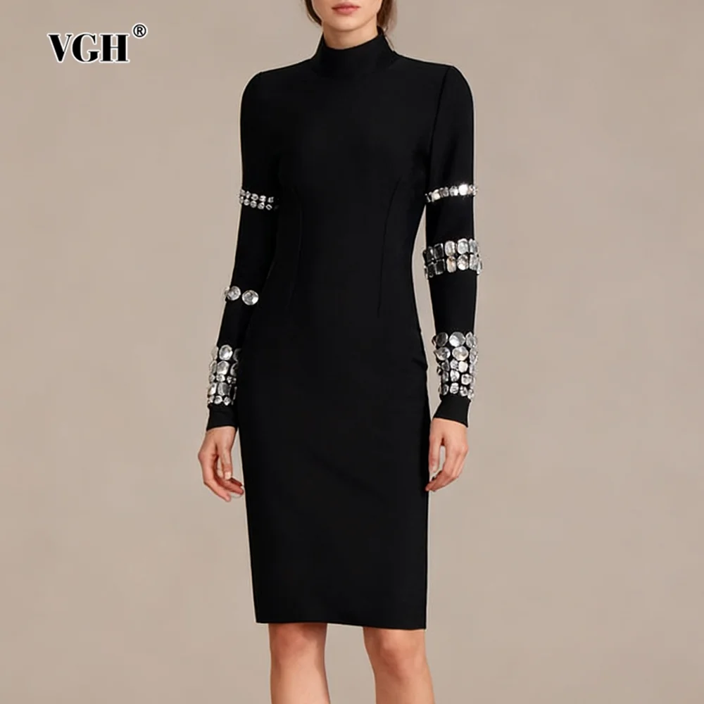 

VGH Sexy Fashion Bodycon Dresses for Women Stand Collar Long Sleeve Patchwork Diamonds Slim Knee Length Year End Dress Female