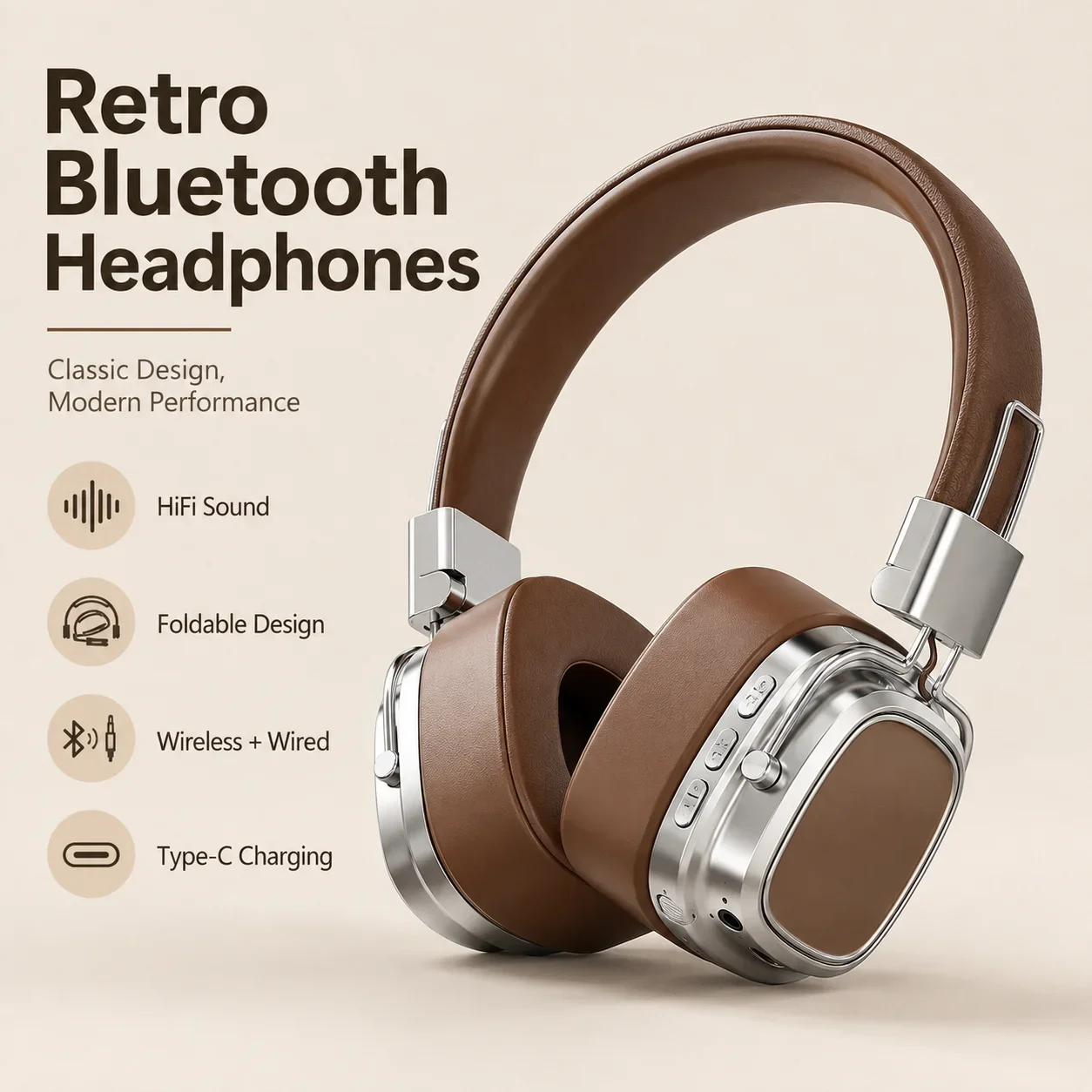 Gaming Headset Bluetooth Headphones Retro Over-Ear Foldable HiFi Sound Type-C Charging TF Card AUX Easy Button Control for Music