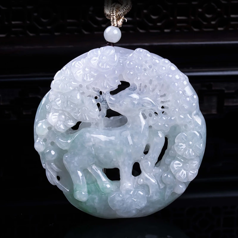 Natural A-grade Burmese Jade Hand-carved Hollow Sika Deer Ice Species Necklace Pendant High-end Couple Accessories Gift