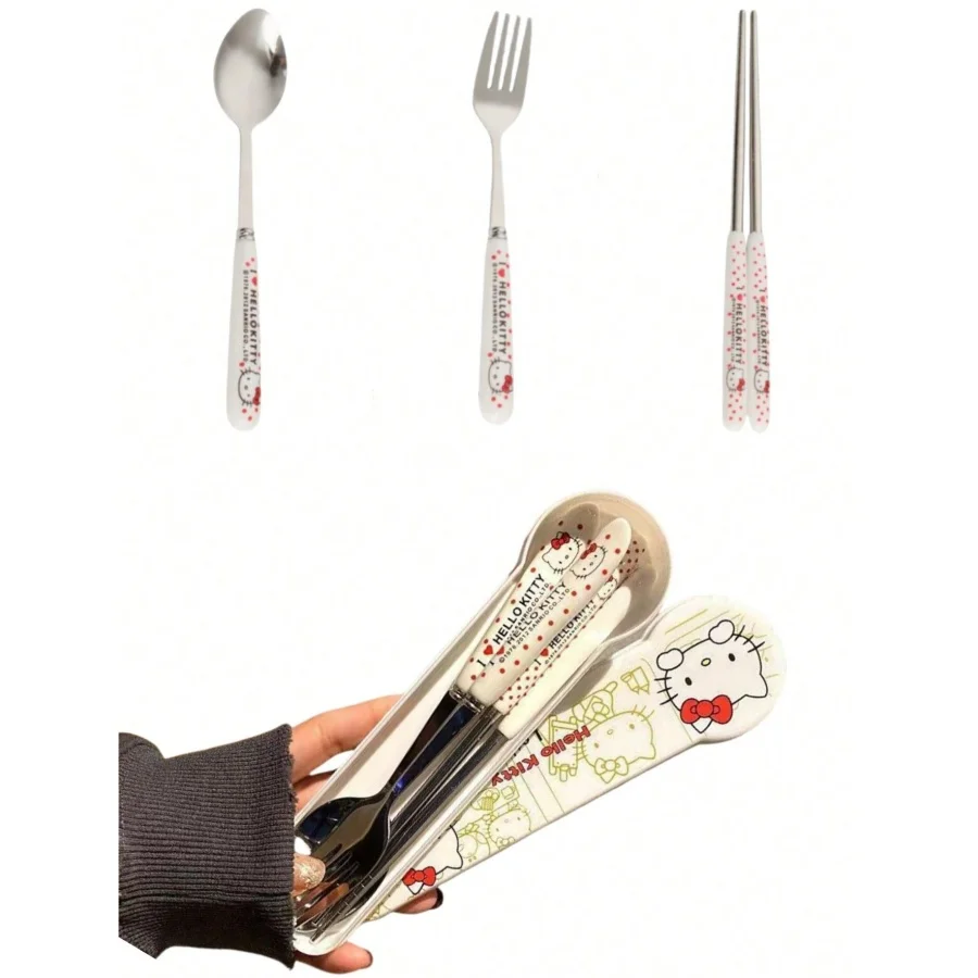 

1/2 коробки с набором столовых приборов из нержавеющей стали Sanrio Hello Kitty, в комплекте с портативным и милым набором ложек и вилок.
