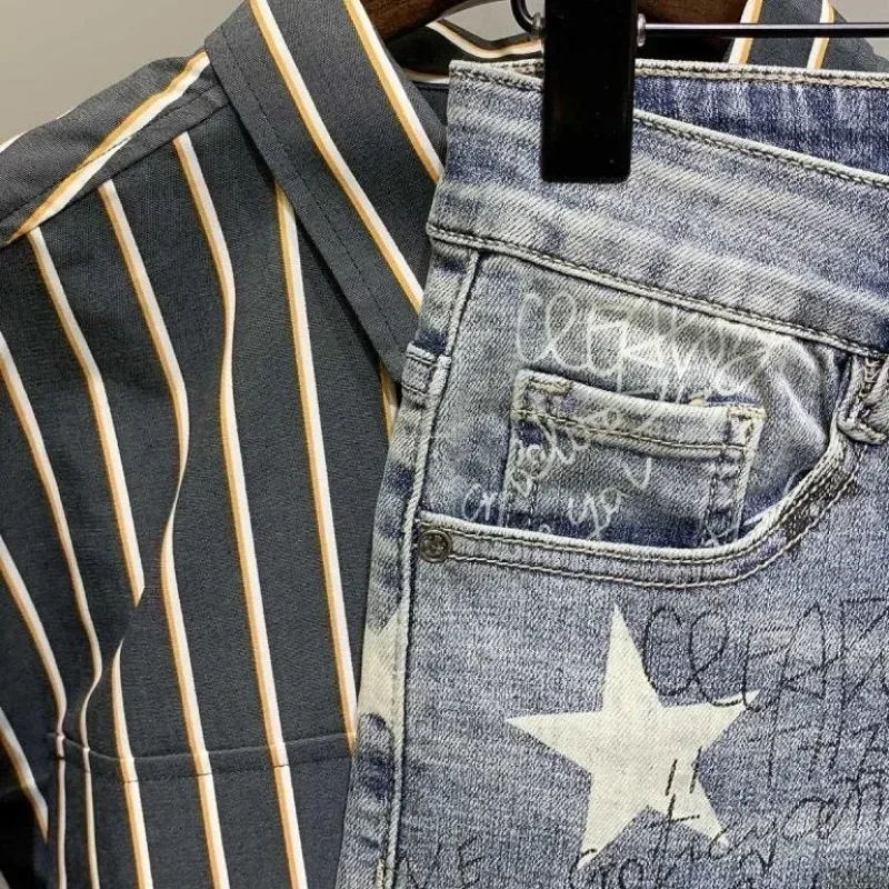 Pantalones elásticos de estrella para hombre, pantalones vaqueros con estampado, gráficos de Hip Hop elásticos, moda holgada de estilo coreano de talla grande 2024