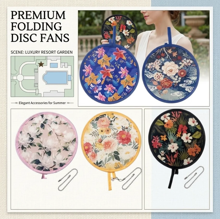 Cartoon Frisbee round Fan Portable Mini Folding Fan Travel Advertising Fan - Lightweight & Compact Design