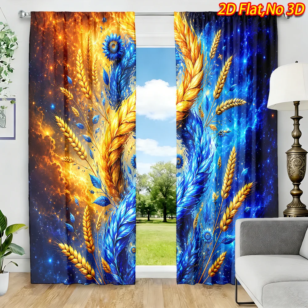2PCS Digital Print Curtains, Wheat Starry Sky, Rustic Farmhouse