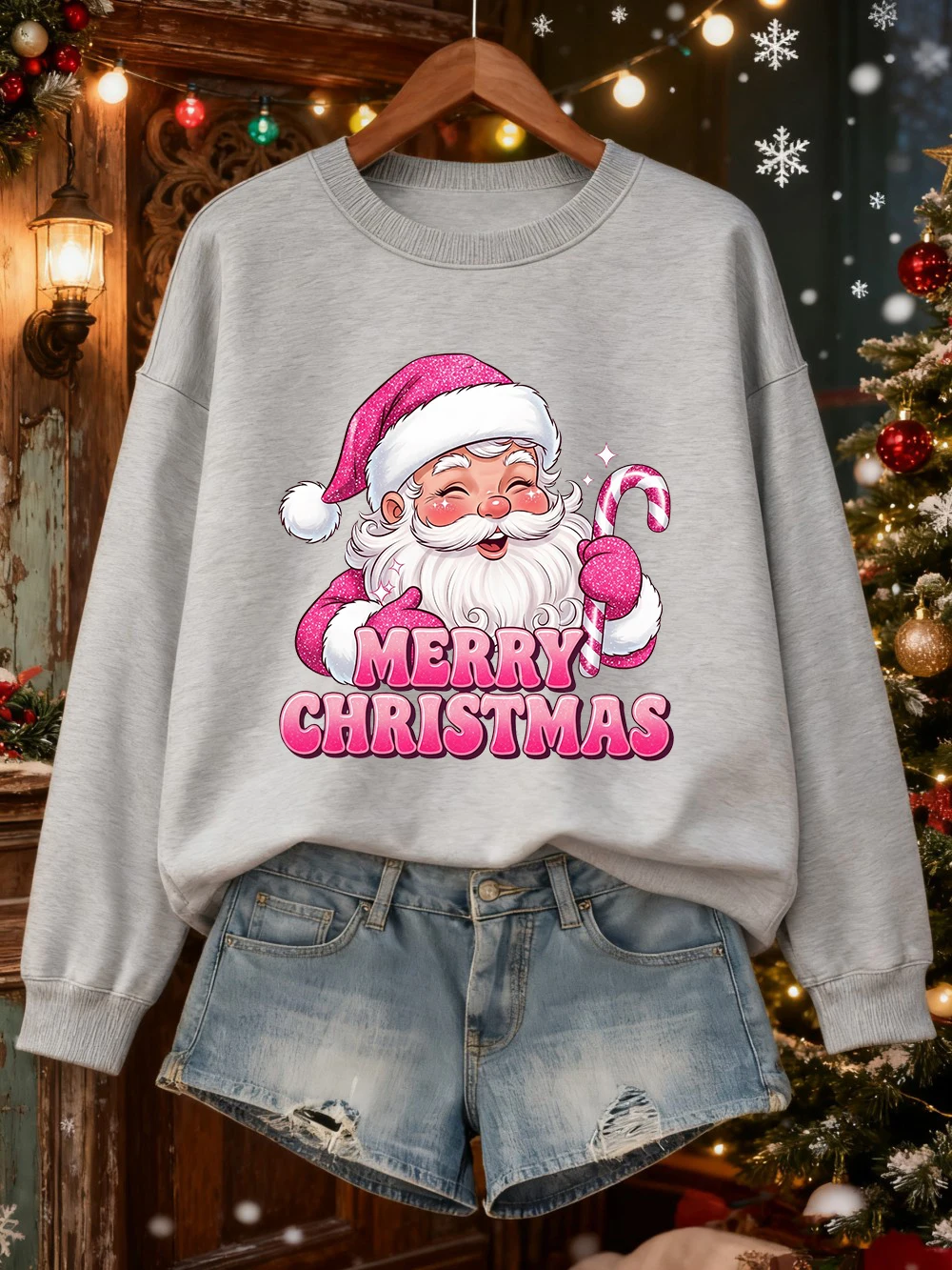 Vrolijk Kerstfeest Roze Kerstman Prints Sweatshirt Dames Crewneck Basics Hoodie Losse Fleece Warme Trui Winter Casual Kleding