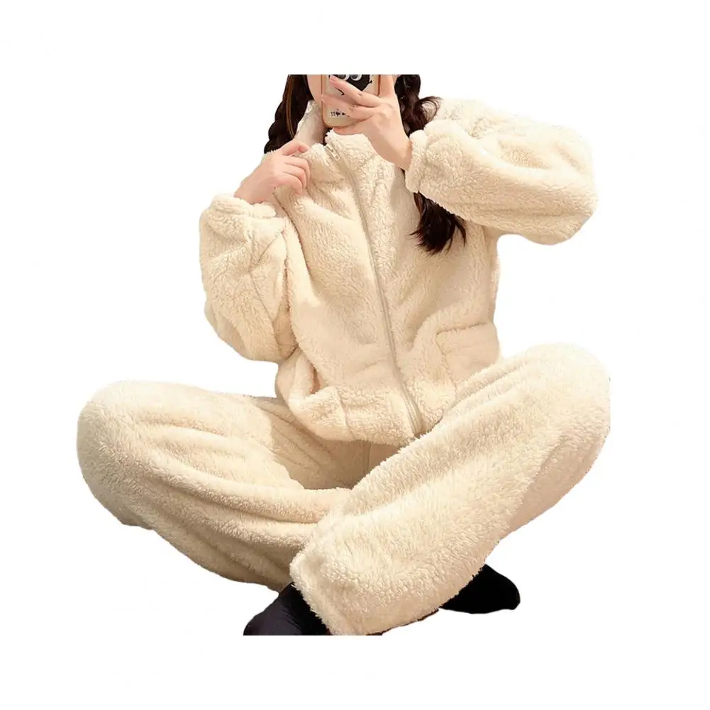 Zipper Women Warm 2 Piece Sets Thicken Velvet Ribbed Fleece Set Pullover and Pants Casual Pajama Sets Women Autumn Winter 2024