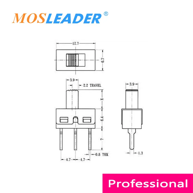 Mosleader SS12D10 1000pcs SS12D10G5 1P2T 2 Travel Straight pin 4.7mm Pin space DIP Slide switch Toggle switch 5MM handle length