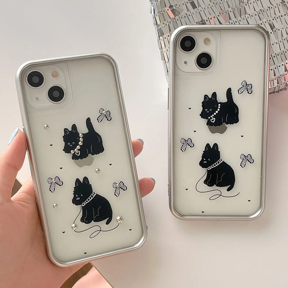 Coreia bonito dos desenhos animados cão preto 3d colar arco capa de telefone para iphone 15 pro max 12 13 14 pro max moldura de prata caso à prova de choque