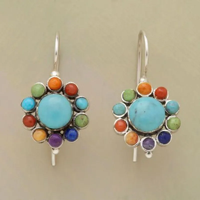 New Vintage Silver Color Metal Multicolor Green Stone Round Earrings Ethnic Personality Drop Earrings for Women