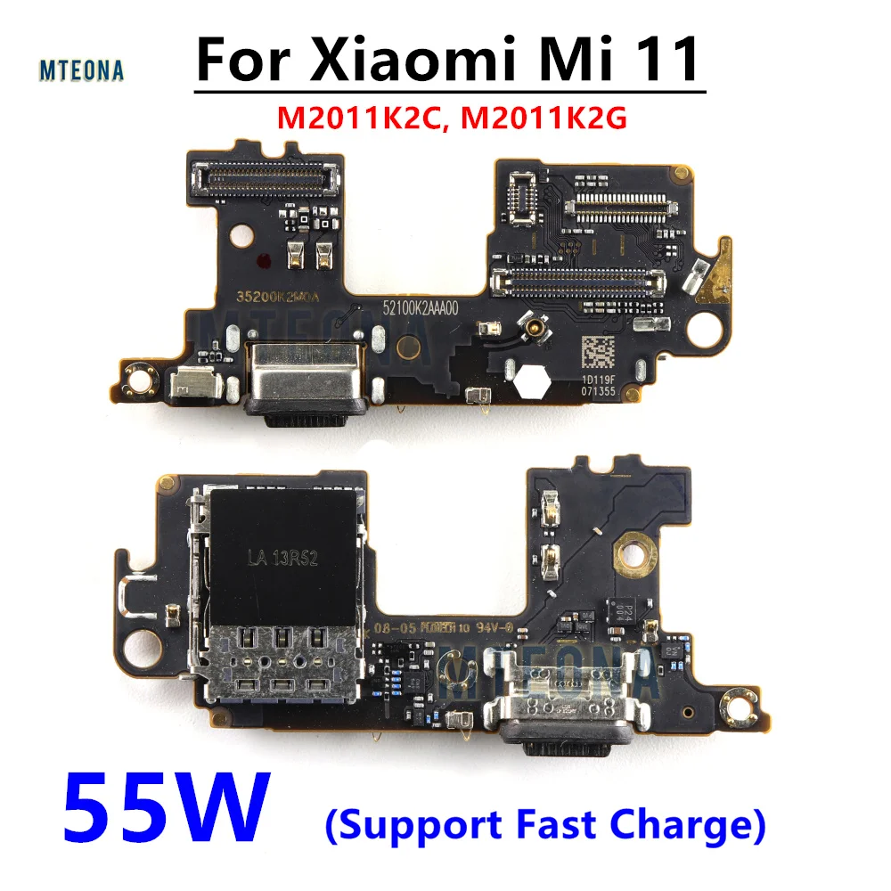 55W USB Charging Port Flex Cable For Xiaomi Mi 11 Mi11 Charger Board With Sim Card Slot Holder + Microphone M2011K2C, M2011K2G