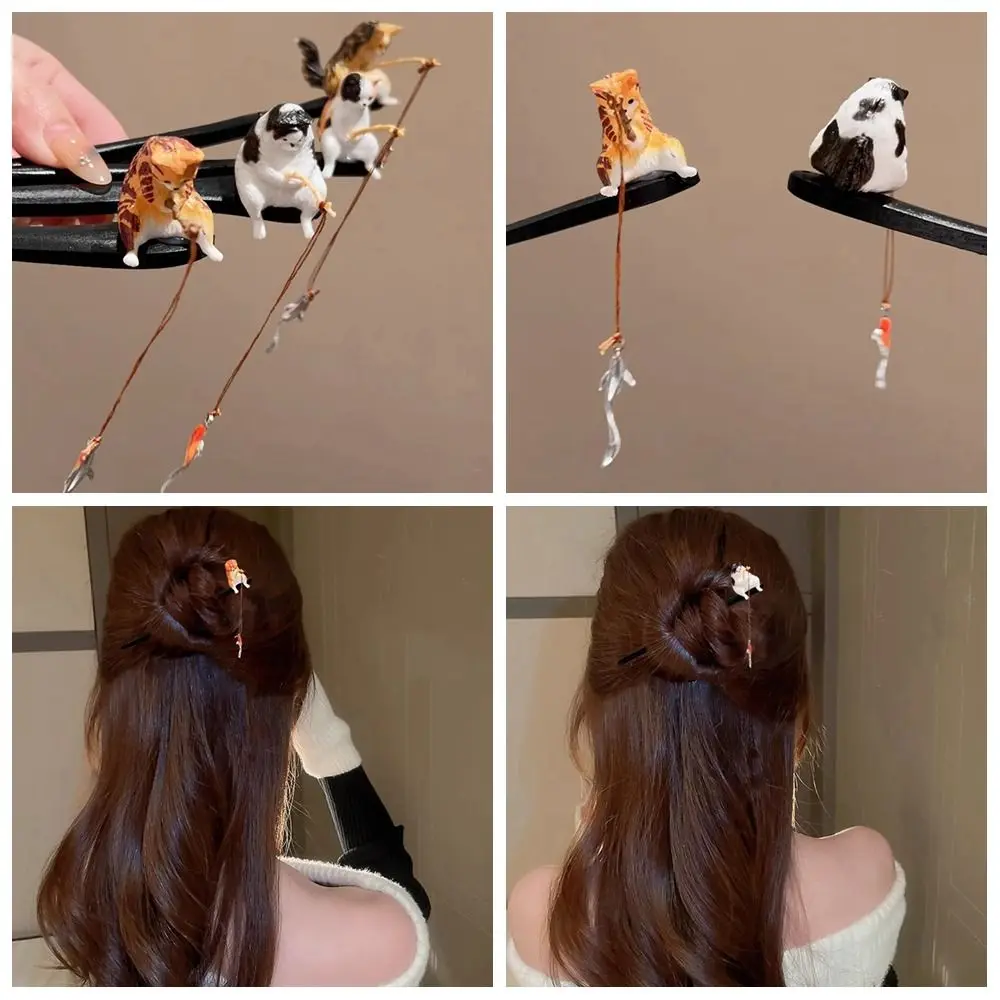 Retro Cat Fishing Wooden Hair Stick Black Sandalwood Tassel Hanfu Hairpin Hair Chopstick Chinese Style Cheongsam Accessories