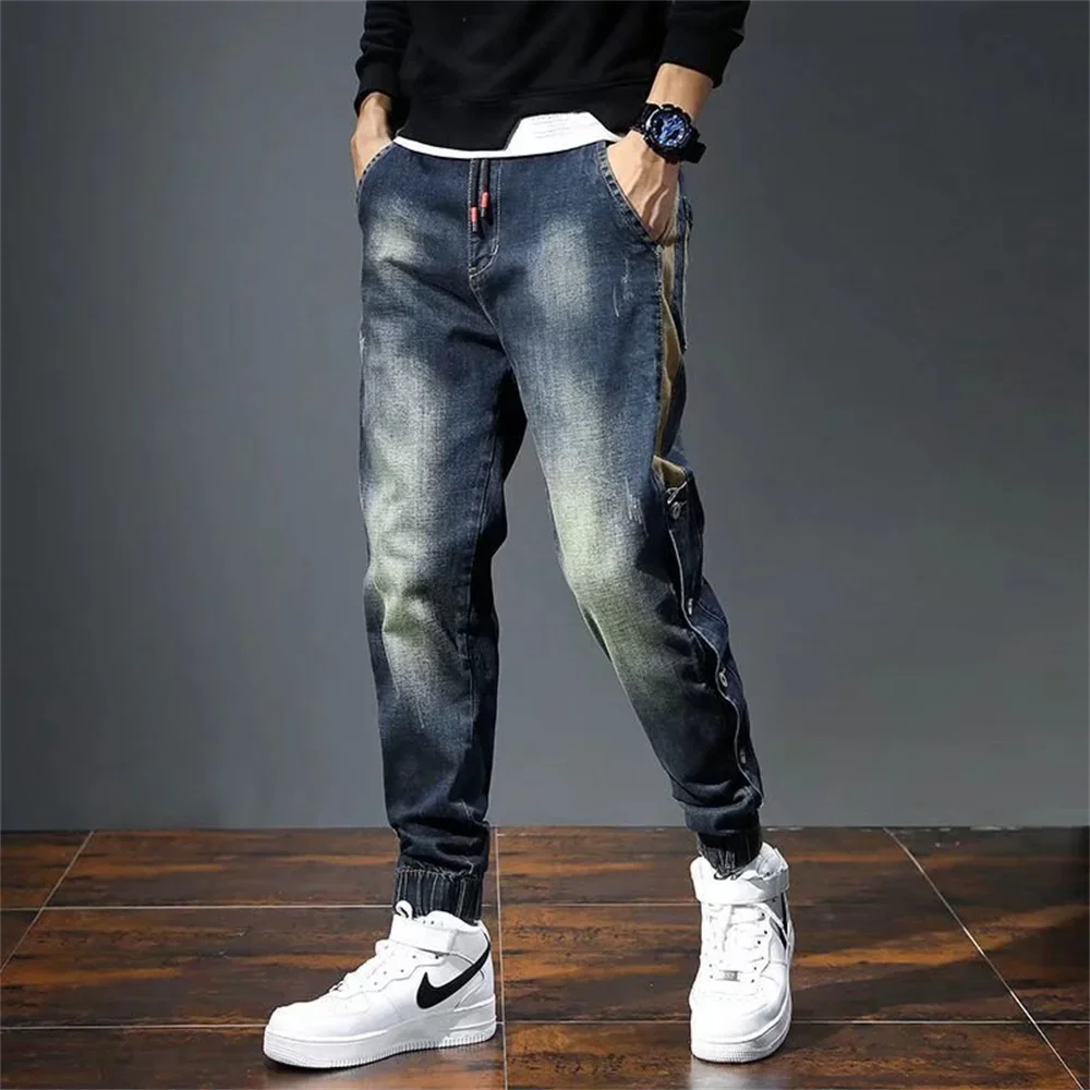 Pantalones vaqueros Harem de moda coreana para hombre, pantalones vaqueros elásticos ajustados con cordón, pantalones pitillo para correr, ropa de calle de Hip Hop, nuevos