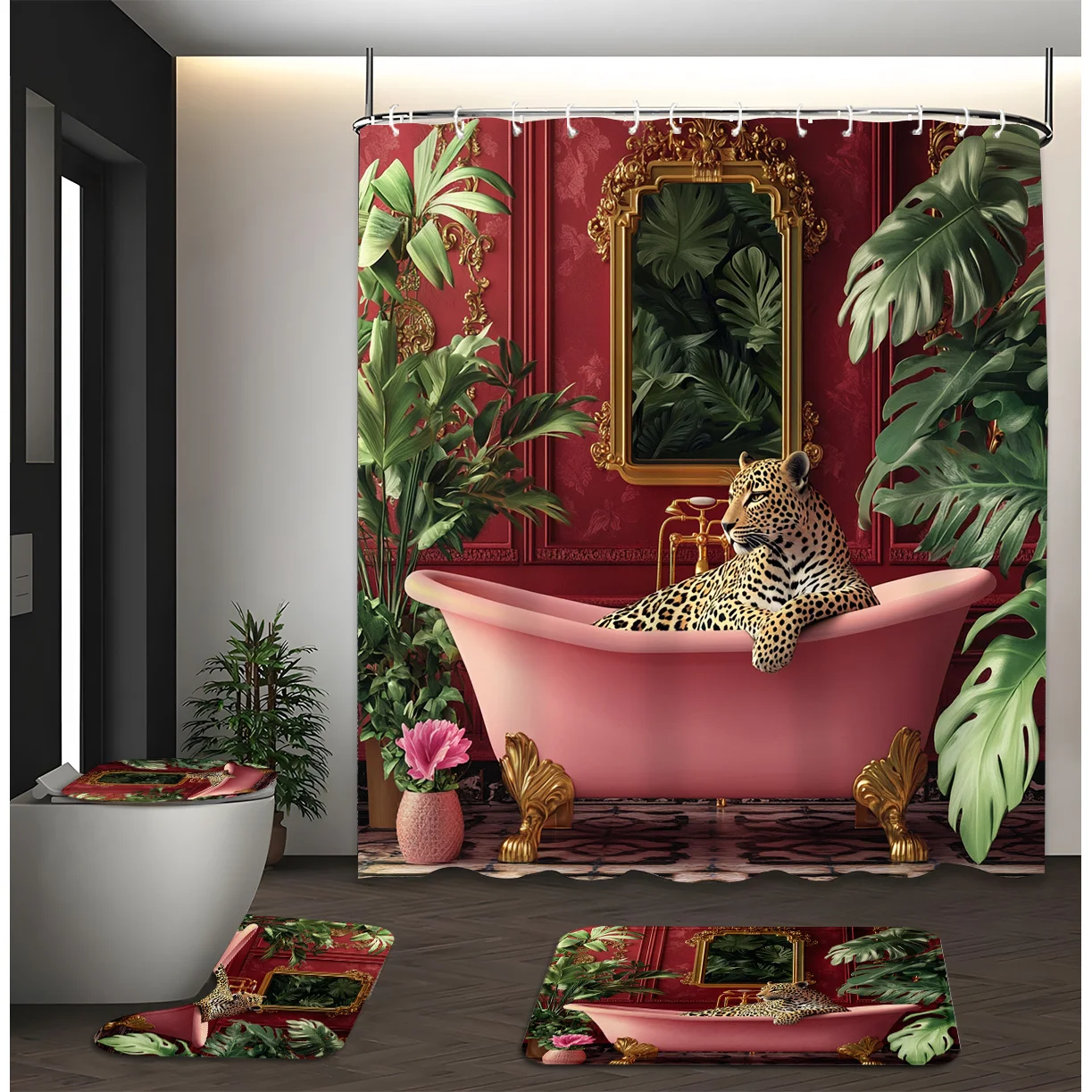 

4pcs Shower Curtain Set, Leopard in Luxury Bathtub, Modern Bathroom Decor - 71inch*71inch*/180cm*180cm, Bathroom Decora