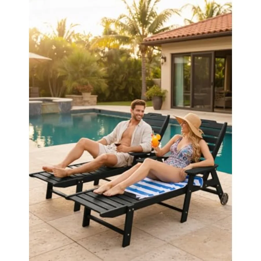 Outdoor lounge chair set of 2, HDPE chaise with wheels, 5-position adjustable backrest 2 cup holders, all-weather gray pool sun