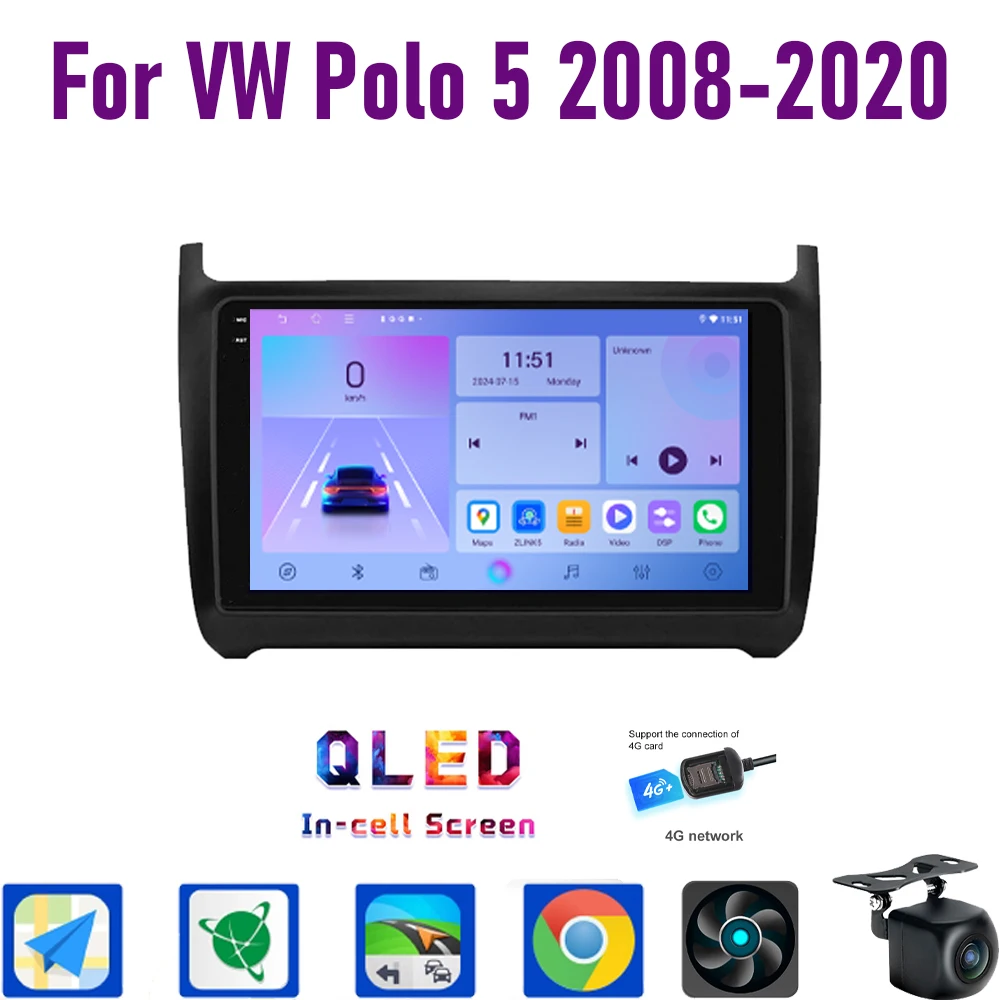 

GPS 9" For VW Polo 5 2008-2020 Wireless CarPlay Android 15 Car Radio WIFI Multimedia Player Head Unit Google Map Camera 4GB+64GB