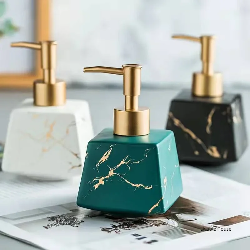 Marble textured square bathroom bottle shower supplies portable gold pressure head soap dispenser shampoo empty bottle  260ML