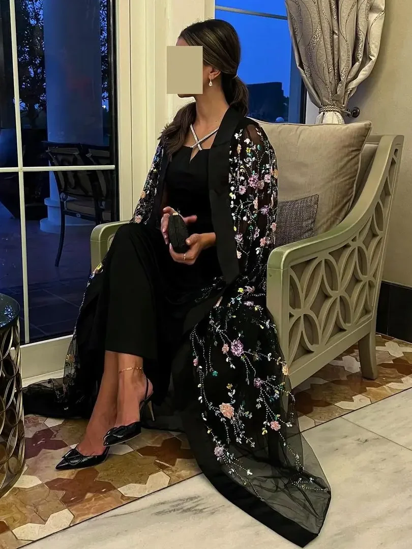 

Colorful Flowers Sequins Prom Dresses Cape 2-piece Formal Evening Dresses Ankle-length Arabia Black Party Gown فساتين مناسبة رسم