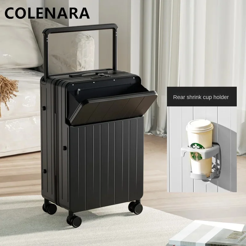 COLENARA Handheld Travel Suitcase 20 Inch Front Opening Laptop Boarding Box 22"24"26 "PC Trolley Case with Cup Holders Luggage