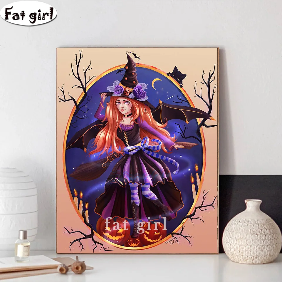 Diy Diamond Painting Little Witch Cross Stitch Cartoon Girl Round Drill Unfinished Diamond Embroidery Pumpkin Halloween Picture