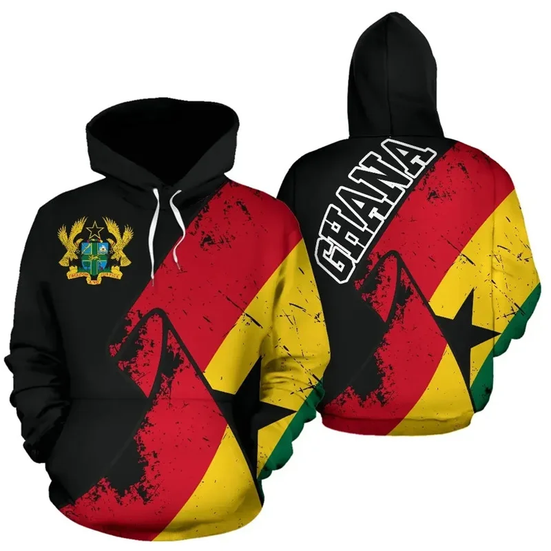 3D Printed Ghana Flag Map Hoodies For Men National Emblem Graphic Sweatshirts Casual Hoody Tops Oversized Long Sleeves Pullovers