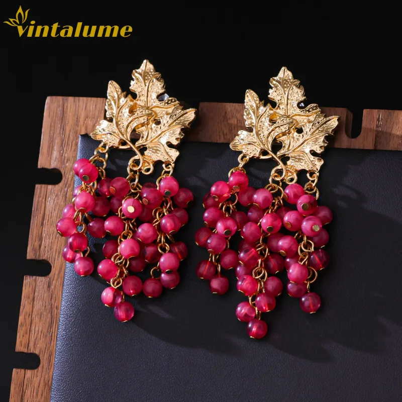 

Винтажные серьги-подвески в виде гроздьев винограда, позолоченные, с красными бусинами и кристаллами, в форме листьев, роскошные, для вечеринок, подарок, ювелирные изделия Vintalume