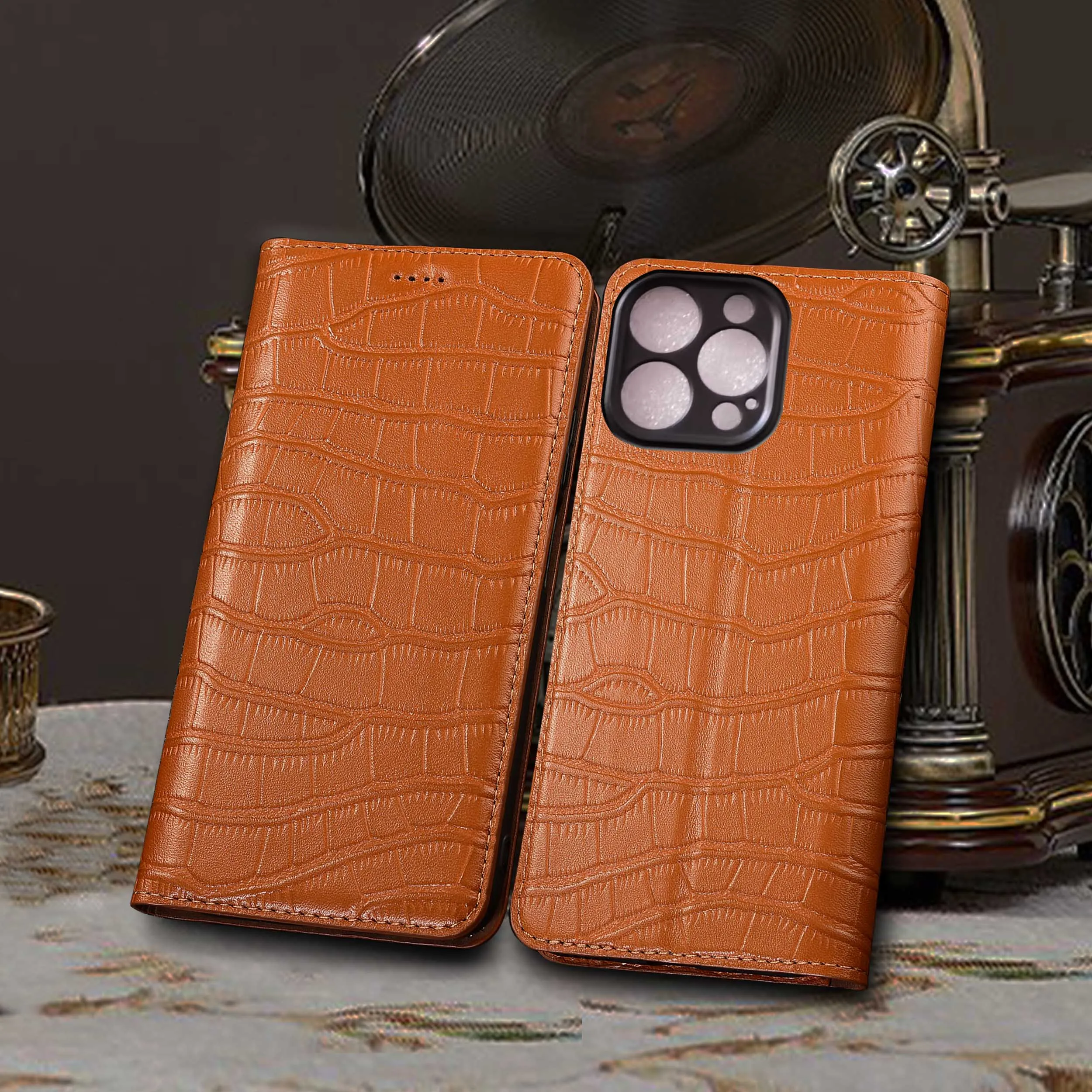 

Genuine Leather For Apple iphone X XS XR 11 12 13 14 15 16 16e 17 Pro Max Plus Air Mini Crocodile Belly Pattern Flip Cover Case