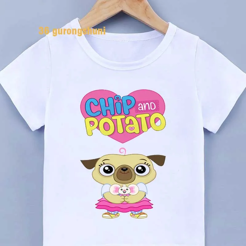 Camiseta de dibujos animados para niñas, playera con estampado de patatas fritas, ropa para niños, camisetas con estampado de perro pug pal Chip and Potato