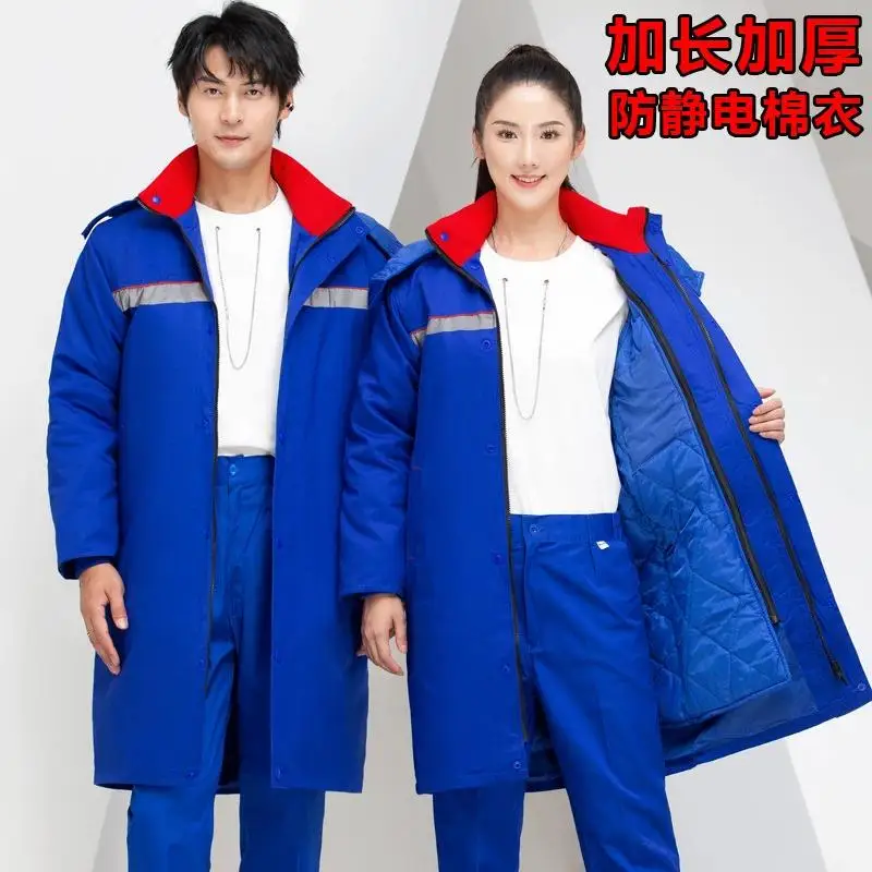 Winter Thick Workshop Work Clothes Men Women Long Styles Auto Repair Property Management Anti-static Coats Uniforms Print Logo
