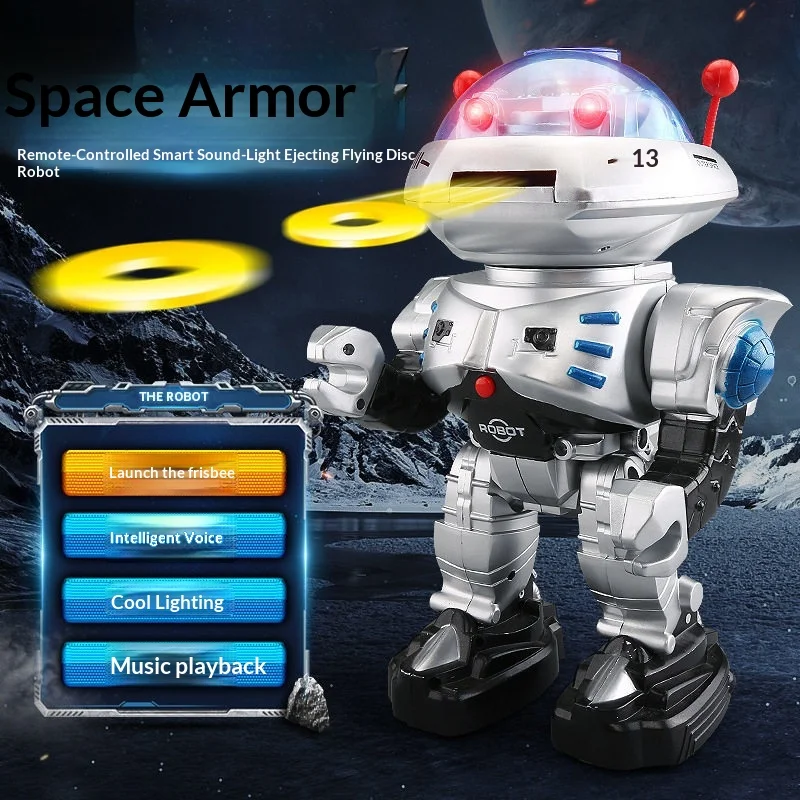 

Remote Control Robot Nostalgic Kids Toy With Sound And Light Effects Flying Disc Space Themed Play For Children