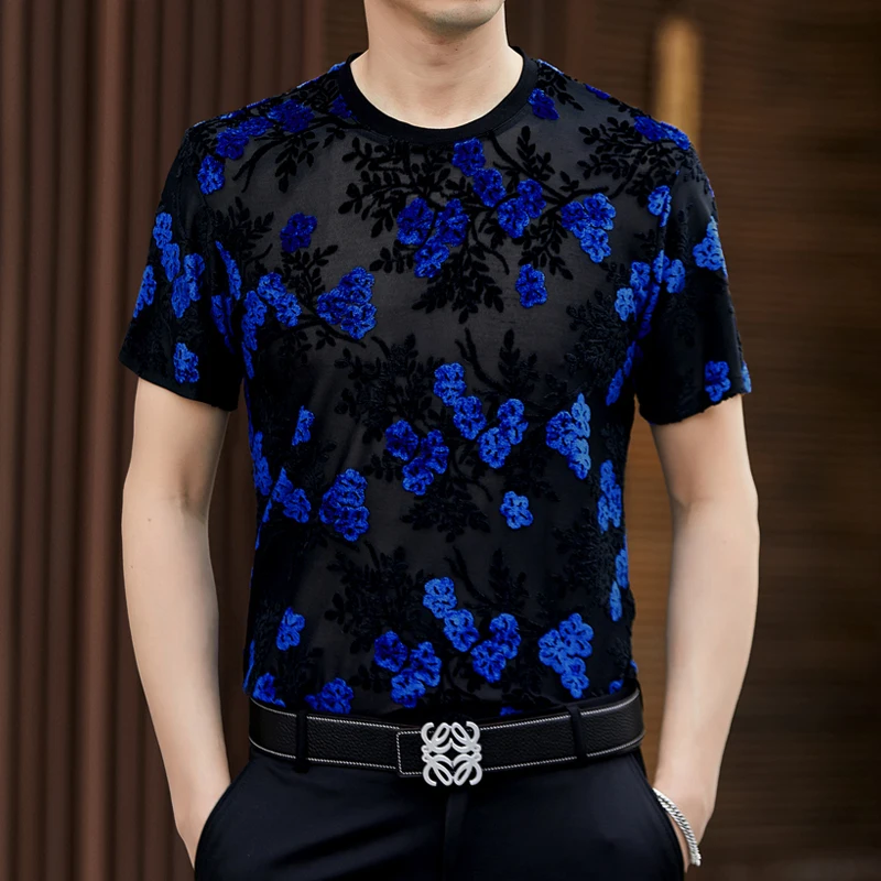 Flocking Blue Floral T Shirt For Men Short Sleeve Premium Hollow Summer Quality Velvet Soft Comfortable Tees Camisetas De Hombre