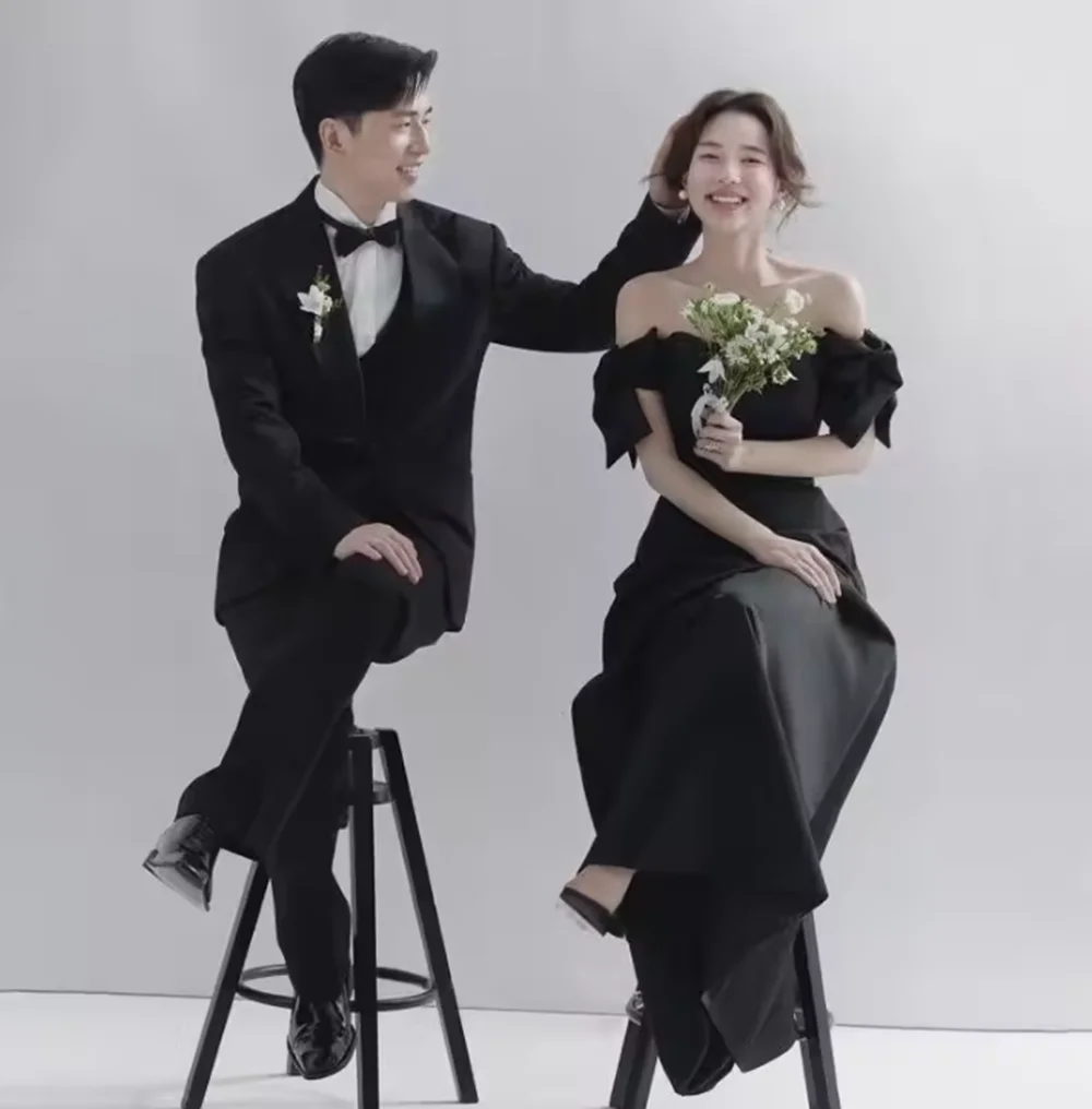 فستان زفاف من الساتان مكشوف الكتفين 2024 فستان زفاف جديد أسود رسمي على شكل حرف A للحفلات الراقصة حسب الطلب