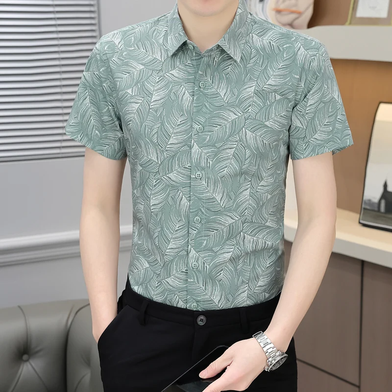 

Summer Men's Clothing Turn-down Collar Printing Plant&Flowers Cardigan Short Sleeve Button Casual Shirt Retro England Style Tops
