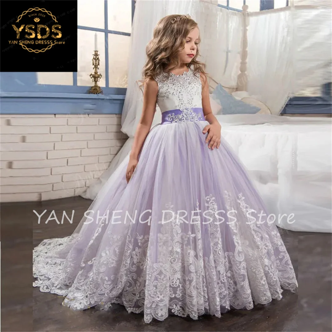 Luxus Spitze Blumen mädchen Kleid Illusion Knopf zurück Mädchen Geburtstags kleid Elfenbein Erstkommunion Kleider Robe de Princesse Fille