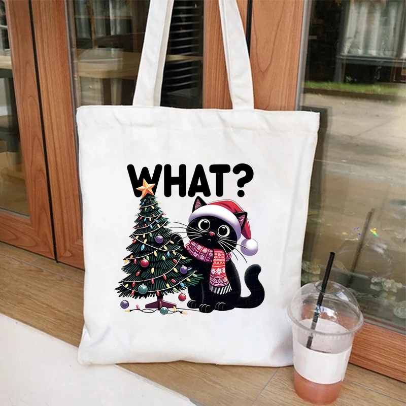 مضحك عيد الميلاد القط الرسم المرأة قماش حقيبة كتف حقيبة عيد الميلاد لطيف القط عاشق مضحك حقيبة تسوق الطلاب حقائب اليد القابلة لإعادة الاستخدام