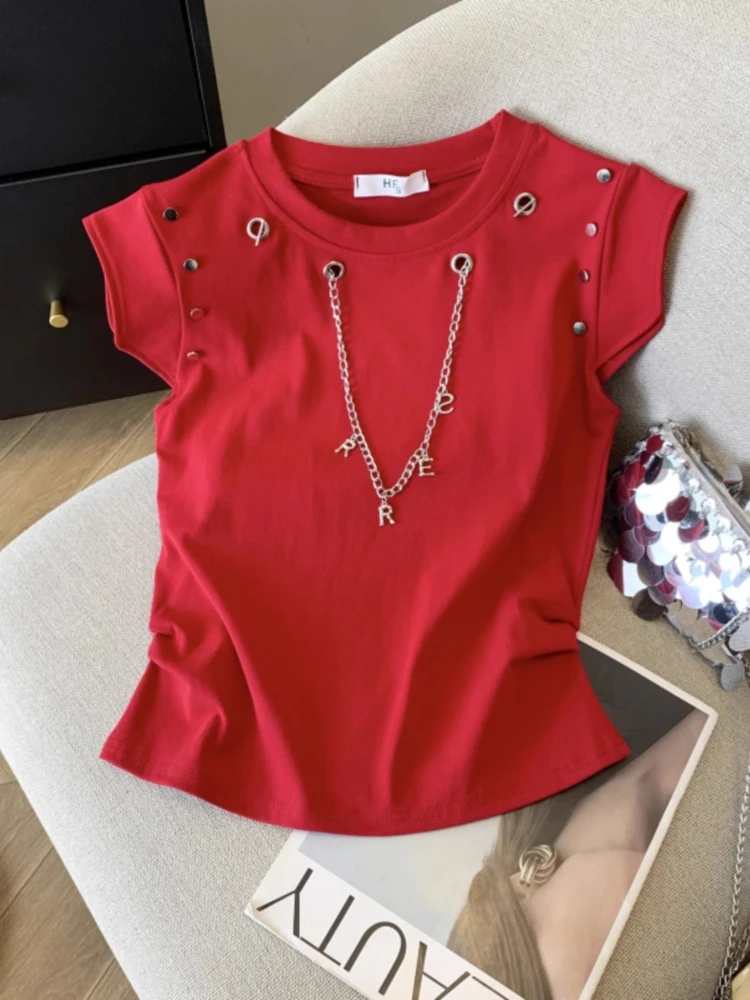 แฟชั่น Y2k เสื้อยืดแขนกุดหญิงฤดูร้อนใหม่ Rivet CHAIN Splicing สีทึบเสื้อไหล่แขนสั้น TOP Tees ผู้หญิง