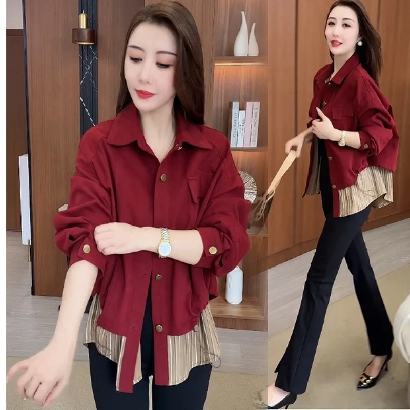 

plus Size Women's Jaet Casual Splice Slimming Simple Sle Faionable Anti-Aging Autumn 2024 Button up Long Sve Co...
