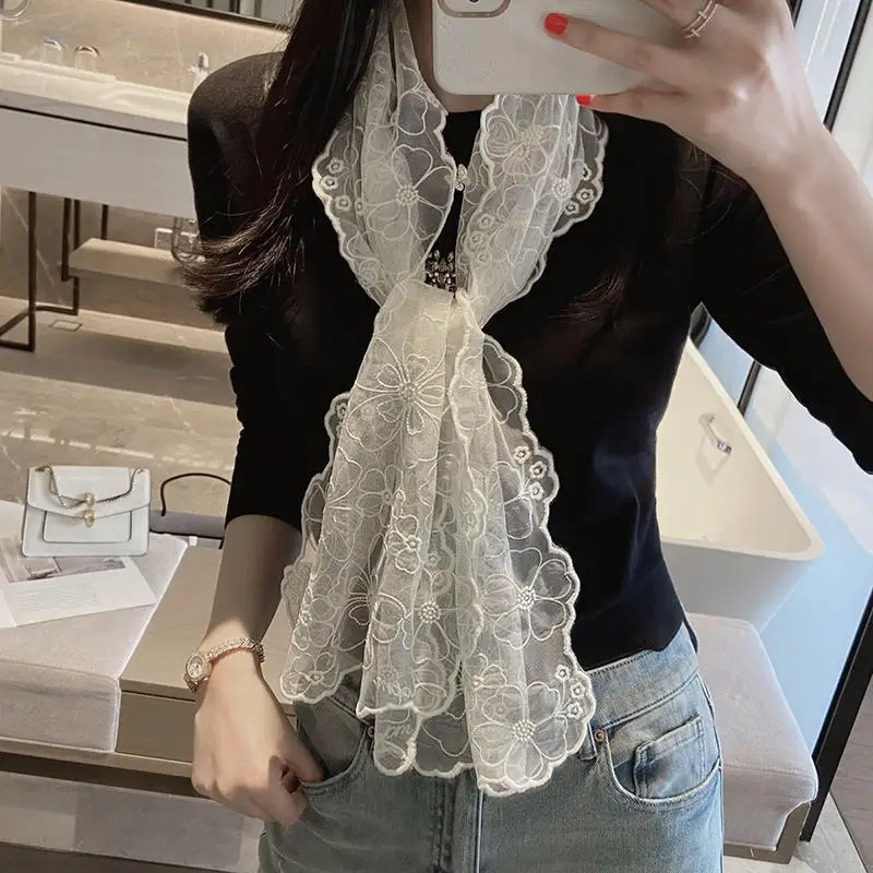 

Summer Lace Small Long Scarf Embroidered Flower Silk Female Korean Version Literary and Retro Versatile Decorative Shawl