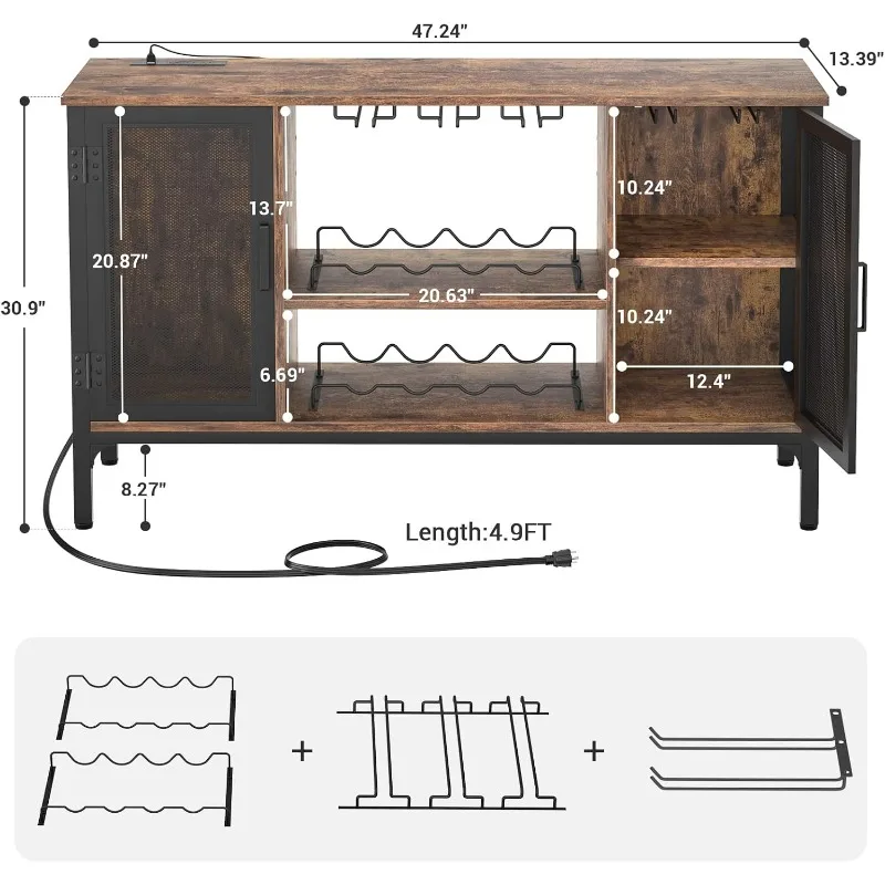 Wine Bar Cabinet with Led Lights and Power Outlets, Industrial Coffee Bar Cabinet for Liquor and Glasses, Farmhouse Bar Cabinet