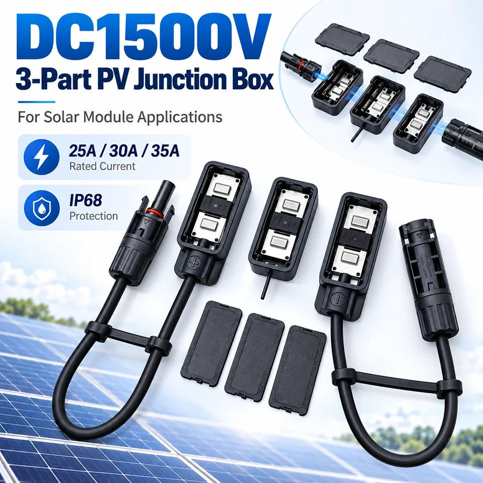 DC1500V 3-Part Solar PV Junction Box IP68 25A 30A 35A 4/6mm² Cable for Solar Panel Module