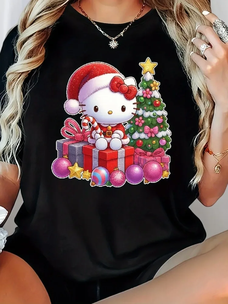 

Sanrio for Hello Kitty Рождественская футболка Женская рождественская шапка с круглым вырезом и короткими рукавами и принтом «Рождественская елка» Повседневный женский топ