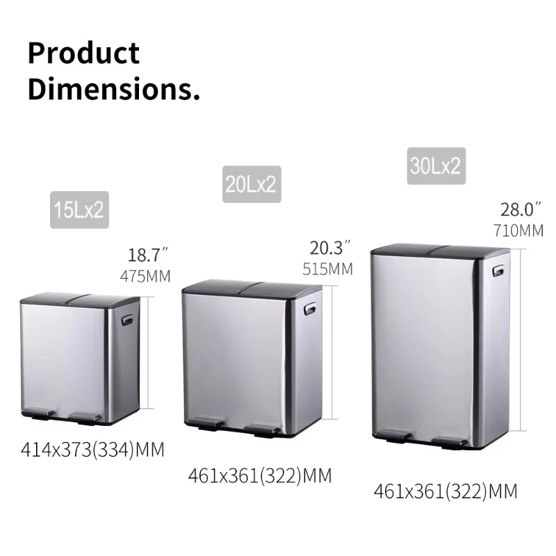 40L rectangular handle-free double-compartment recycled kitchen step trash bin, brushed stainless steel with soft-close lid