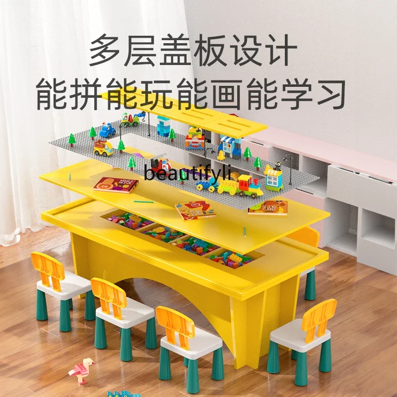 Table de bloc de construction en bois massif pour enfants, jouets pour enfants, table de jeu de puzzle, multifonction, Ao.com