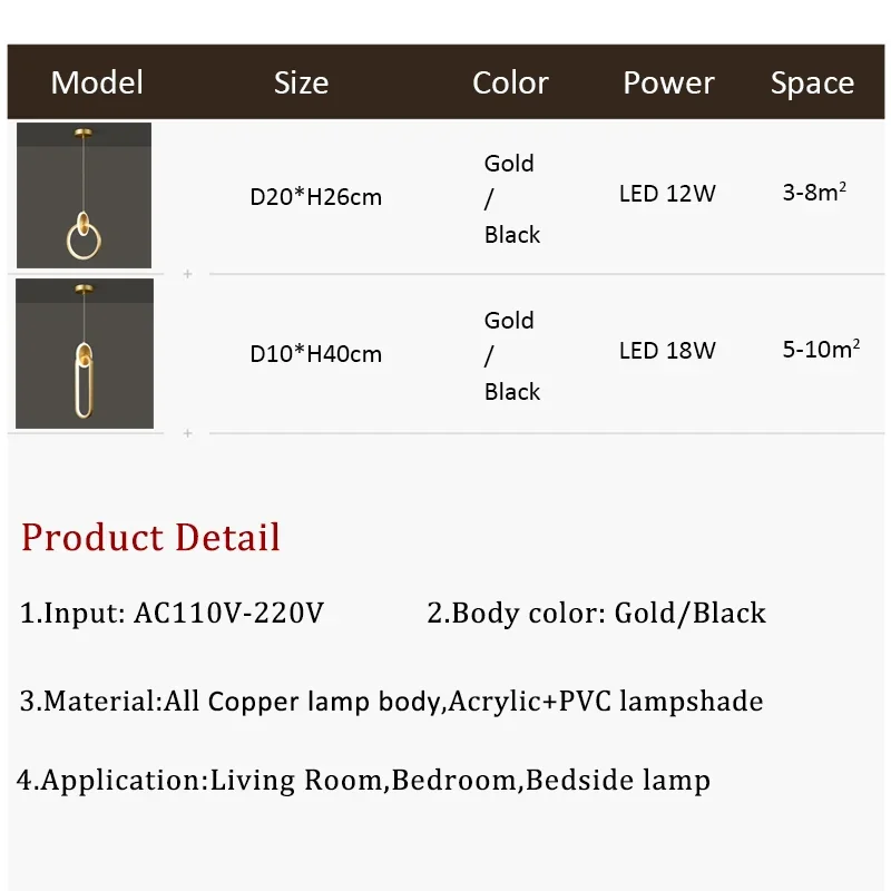 Minimalist Led Chandeliers Copper Hanging Lamp For Bedside Bedroom Living Room Dining Room Chandelier Pendant Lamp Decor Light