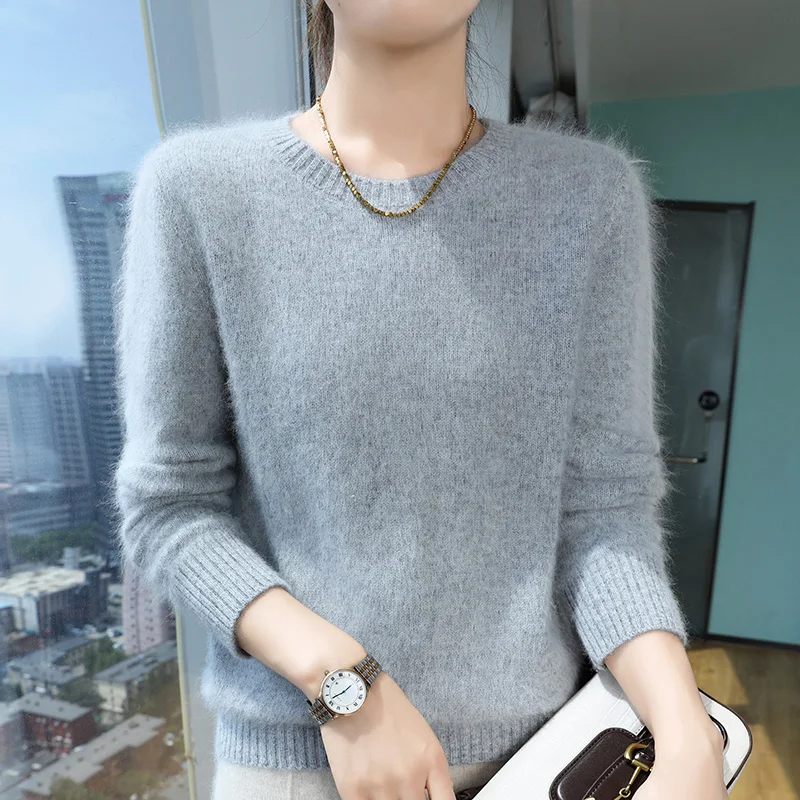 

Женский утепленный свитер из 100% норкового кашемира с круглым вырезом, повседневные свободные пуловеры, однотонные теплые вязаные топы с джокером, зимняя базовая рубашка